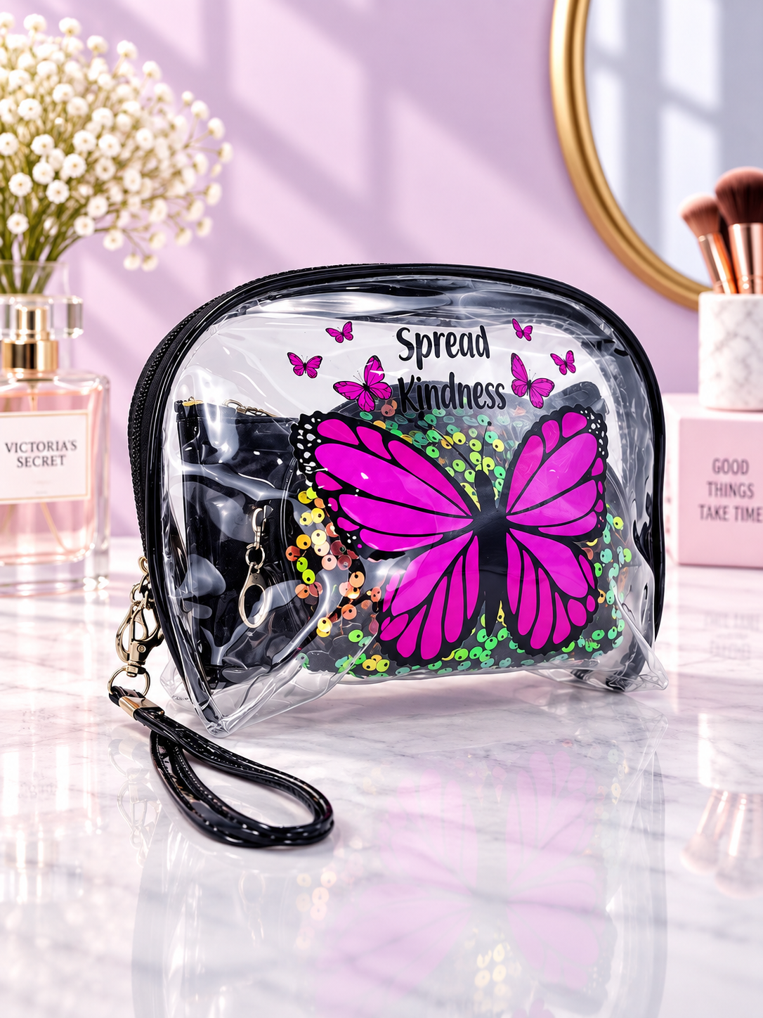 Purple 3-in-1 cosmetic organizer, butterfly print, 'Everyday is a gift' quote